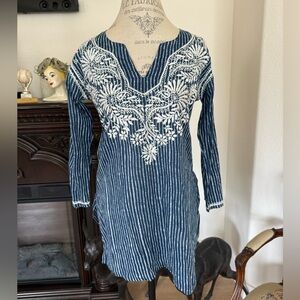Dolma Cotton Hand Embroidered Tunic Top Blue Size Small
